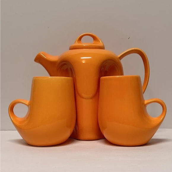 🤯🤩VINTAGE 1970s NESTING TEA POT&CUP SET!ORANGE CERAMIC! Possibly Peter Saenger - Picture 1 of 13